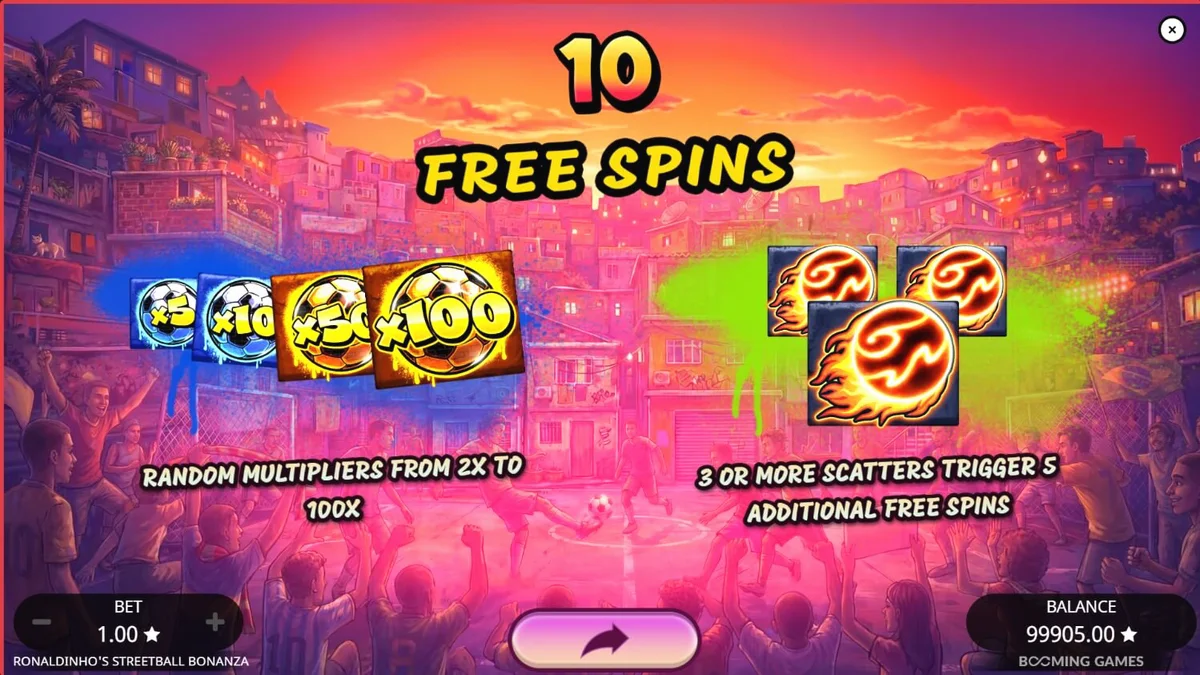 Ronaldinho’s Streetball Bonanza slot com tema de futebol de rua e luzes de neon