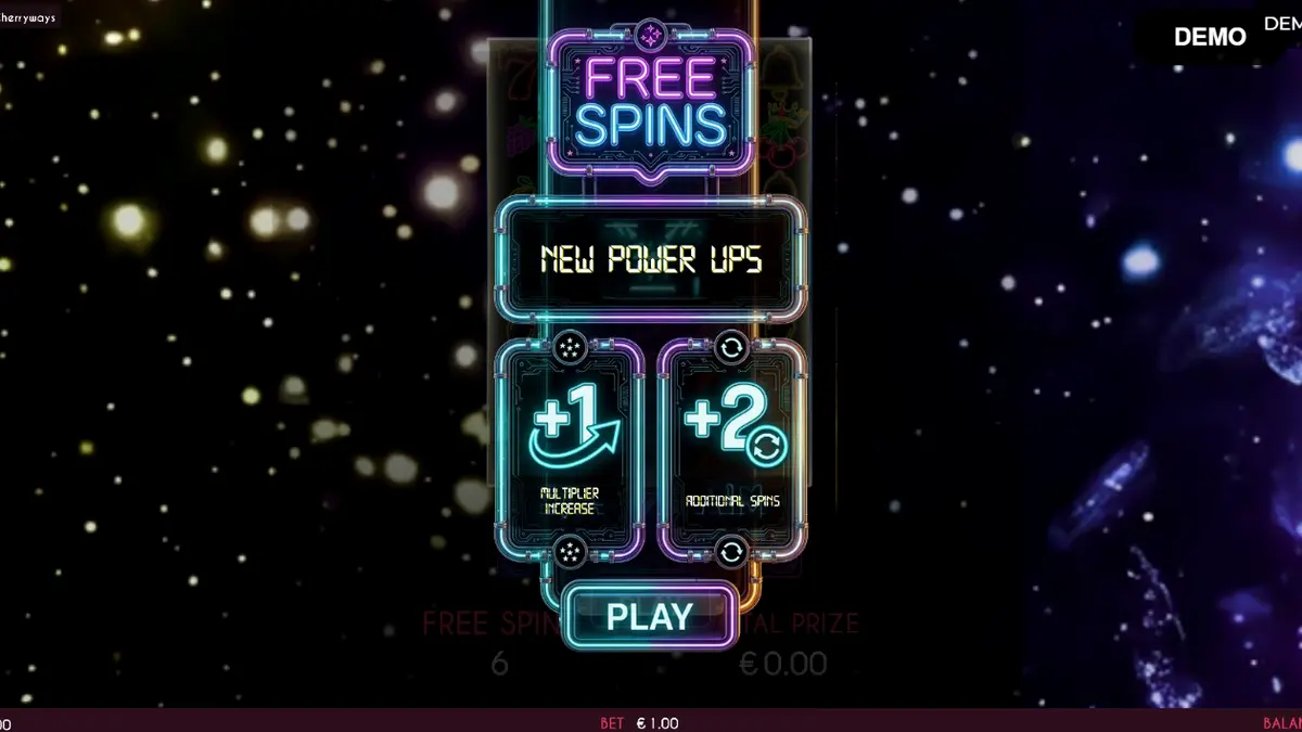 Captura de tela do jogo Turbo Fortune Cherryways em um dispositivo móvel, mostrando símbolos de frutas neon brilhantes e a interface de usuário adaptada para o toque.